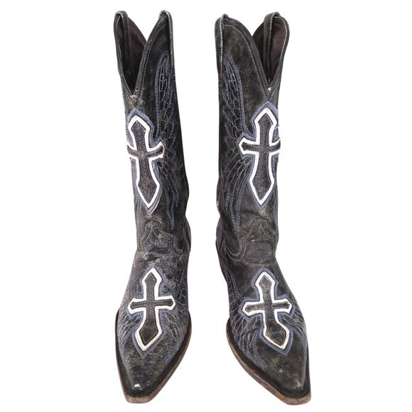 Pecos Bill Shoes - PECOS Bill leather boots Women's Western cowgirl embroidered Crosses grey/blk